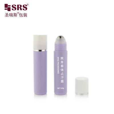RPP-30ml Wstrzykiwacz Fioletowy Błyskotliwy Mat Finished Biały Kapelusz Z Stampem Srebrny Pierścień Stalowa Kula Masaż Włosy Serum Butelka Roller